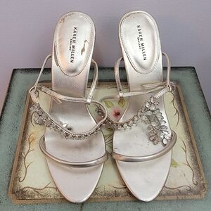 Karen Millen Metallic Leather Strappy Sandal W/ Rhinestone Embellishments Size 7